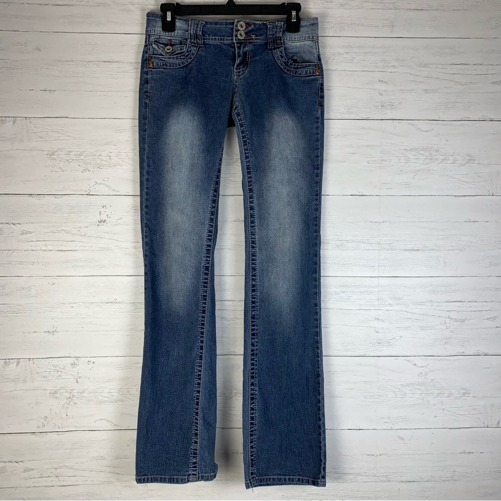 Y2K Angels low rise boot cut jeans flap pockets womens size 7 (29X33)